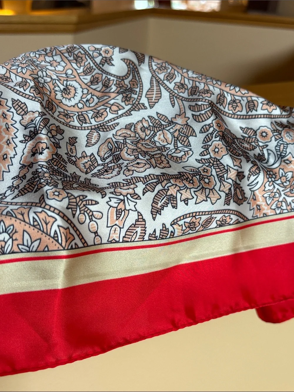 NWT Sunday State Scarf, Red/Cream/White/Pale Orange/Black, 26.8x26.8”, Gorgeous